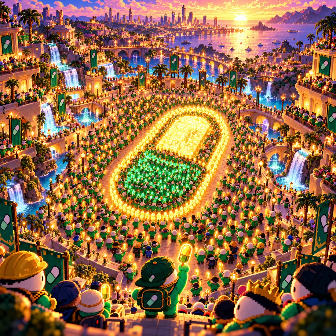 Thousands of plushies holding glowing pills form a giant pill shape in a plaza
